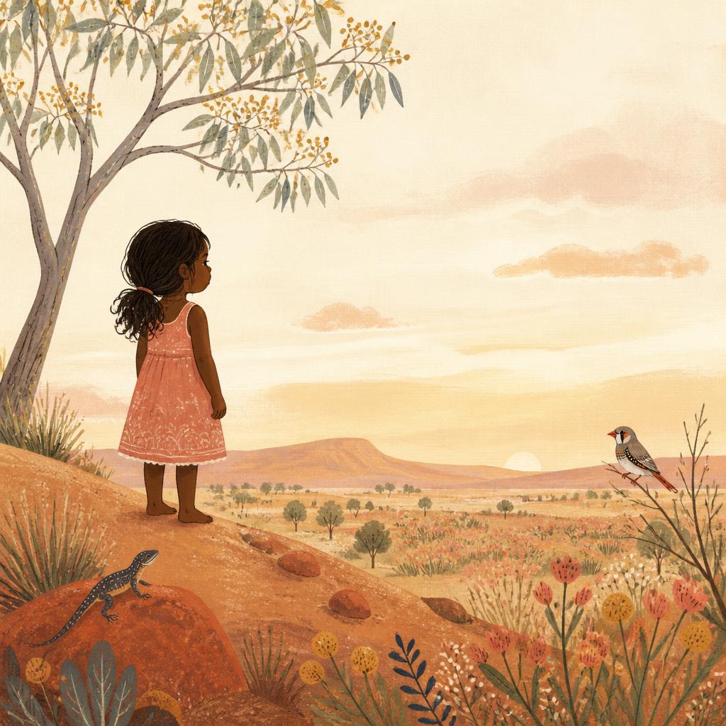 Une petite fille regarde le désert australien depuis une colline